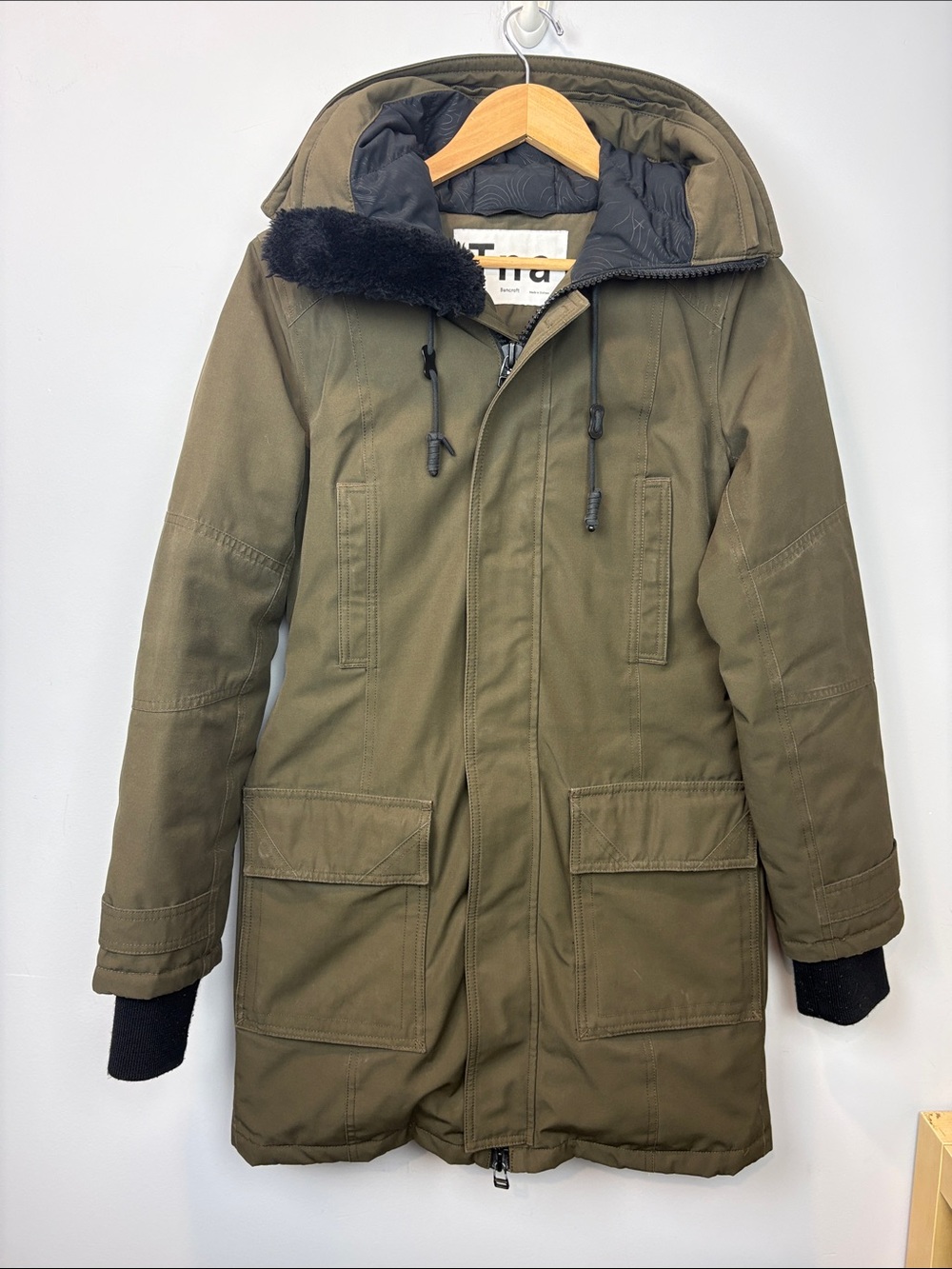 TNA Bancroft 3/4 length Olive Green Hooded Goose down Puffer Parka
